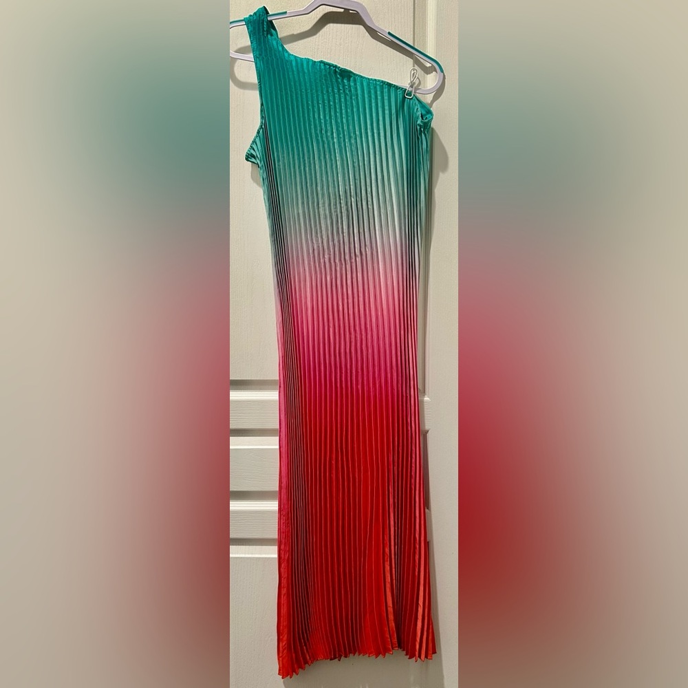 Nicole Miller Sleeveless One Shoulder Summer Sunset Ombré Satin Plissé Gown - Picture 2 of 11